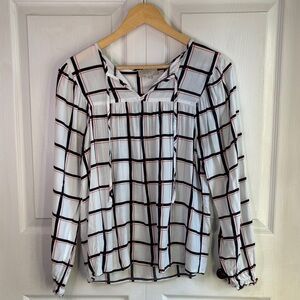 LOFT White Plaid Blouse with Navy and Red Windowpane